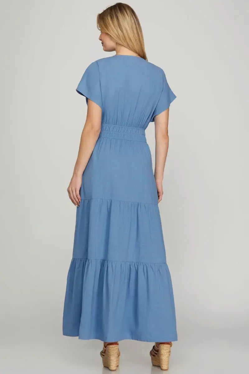 She + Sky Surplice Short Sleeve Tiered Maxi Dress With Pockets - Love Salve